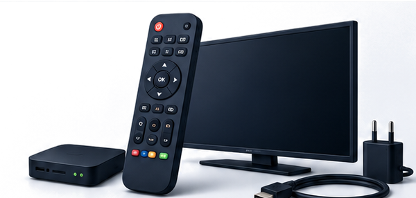 Realistische Darstellung einer Fernbedienung, eines TV-Geräts, Receivers, Netzteils und Kabels